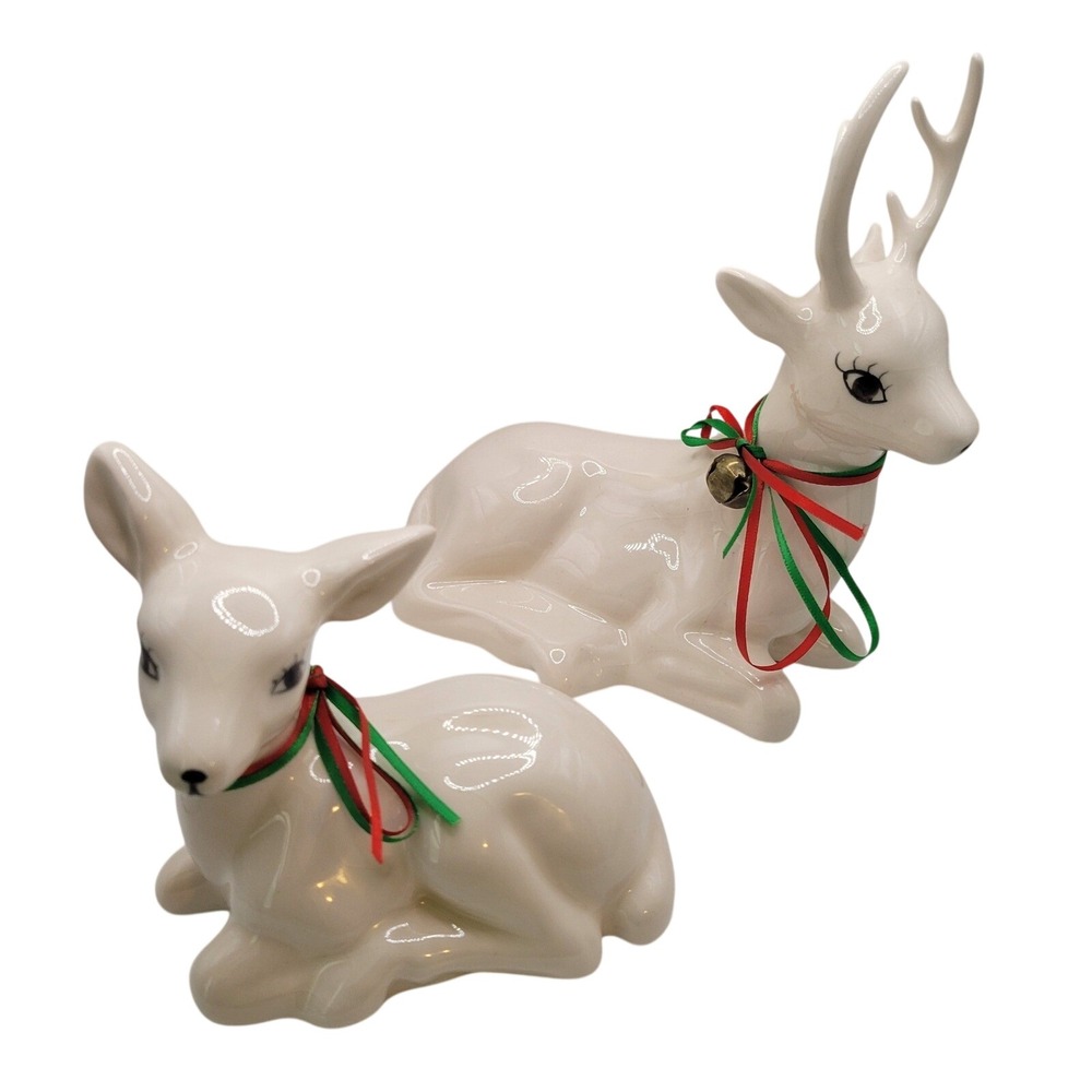 Home Interiors Reindeer Buck Doe Cream Ceramic Vintage Crazing Mexico 5335BL Box